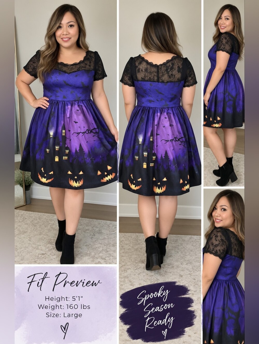 Halloween Purple Lace-Top Dress with Pumpkin Print Large
